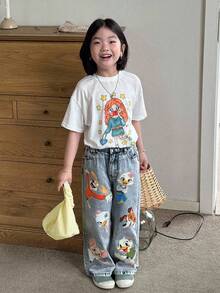 SHEIN Playful Pals Quần Jeans Ống Thẳng Màu Xanh Nhạt In Họa Tiết Động Vật Hoạt Hình Dễ Thương Cho Bé Gái Thời Trang Thường Ngày Đa Năng - Rửa nhẹ - Xem 7