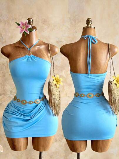 Mistrie 女士纯色露背金属装饰褶皱腰身优雅派对迷你连衣裙