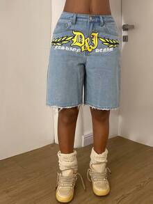 StreetHx 休闲街头风印花低腰牛仔短裤 - 淺色水洗藍 - 查看 1