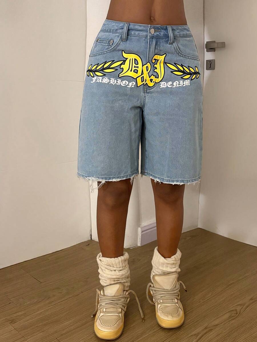 StreetHx 休闲街头风印花低腰牛仔短裤 - 淺色水洗藍 - 查看 1