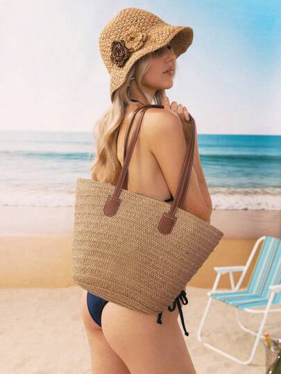 Swim Mod 1pc Large Capacity Khaki Woven Zipper Backpack With Double Shoulder Straps, Great Tote Bag For Travel, Vacation, Beach, And Shoulder Bag