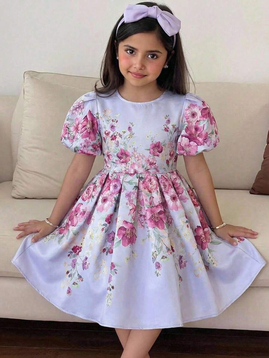 SHEIN Tween Girl Elegant Floral Print Puff Sleeve Round Neck Dress - Multicolor - View 1