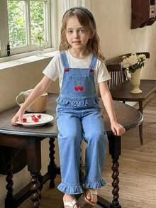 LMoss Kids Young Girl' New Fashion Casual Soft Cute Cherry Embroidery  Heart Button Blue Denim Loose Fit Bib Pants Overalls Jumpsuit Spring Summer,Casual And Versatile For Kids Girls Spring/Summer Dailywear Outfits,Girls Streetwear Outfits,Beach Vacation Outfits For Girls ,Girls Summer Boho Outfits,Casual Clothes For Girls ,Graphic Jeans Girls ,Toddler Jumpsuit,4-Year-Old Girls Jumpsuit,Summer Jumpsuit,Casual Jumpsuit - Light Wash - View 3