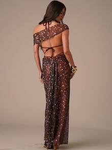 SHEIN BAE Women's Printed Minimalist Daily Wear Asymmetric Shoulder Sheer Swimsuit Cover-Up,Summer,Spring Break Outfits ,Valentine's Day,Beach ,Beach Outfits For Women ,Beach Outfit ,Birthday,Going Out,Deer Pattern,2026 Summer New Beachwear, Beach Party - Brown - View 3