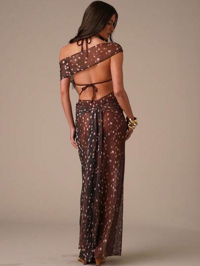 SHEIN BAE 女士印花极简日常穿搭不对称肩部透视泳衣罩衫