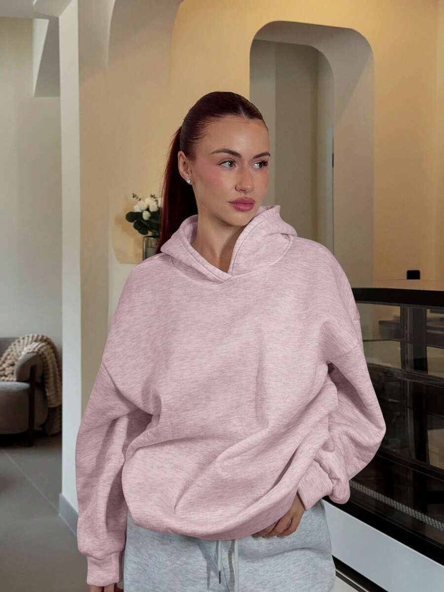 Abrilcols 连帽休闲保暖内衬纯色宽松男女通用卫衣秋冬 - 粉色 - 查看 1