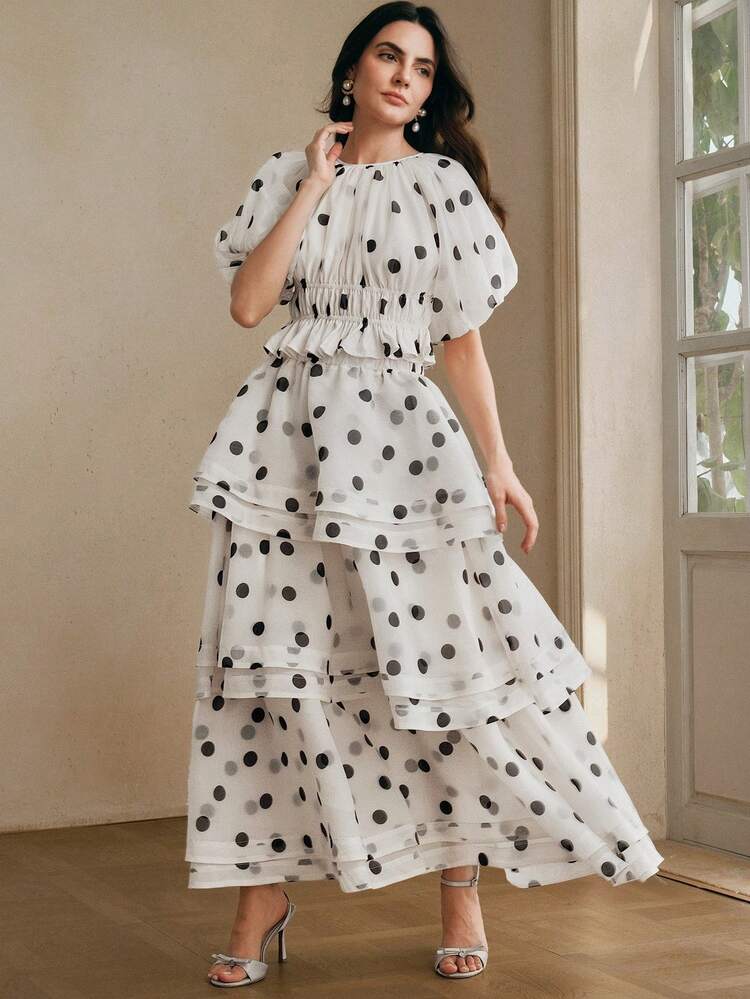 Anewsta Nuevo conjunto de 2 piezas de primavera/verano con top corto de manga abullonada y estampado de lunares en blanco y negro + falda de línea A con volante de cintura alta para mujer - Blanco y Negro - Añade 4