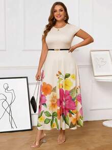 SHEIN Clasi 大码女装连衣裙，优雅春夏连衣裙，短袖连衣裙，长款连衣裙，A字连衣裙，印花连衣裙，适合日常穿着的精美连衣裙 - 彩色 - 查看 4