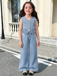 2pcs Young Girl' Light Blue Denim Sleeveless Vest And Loose Pants Set - Light Wash - View 5