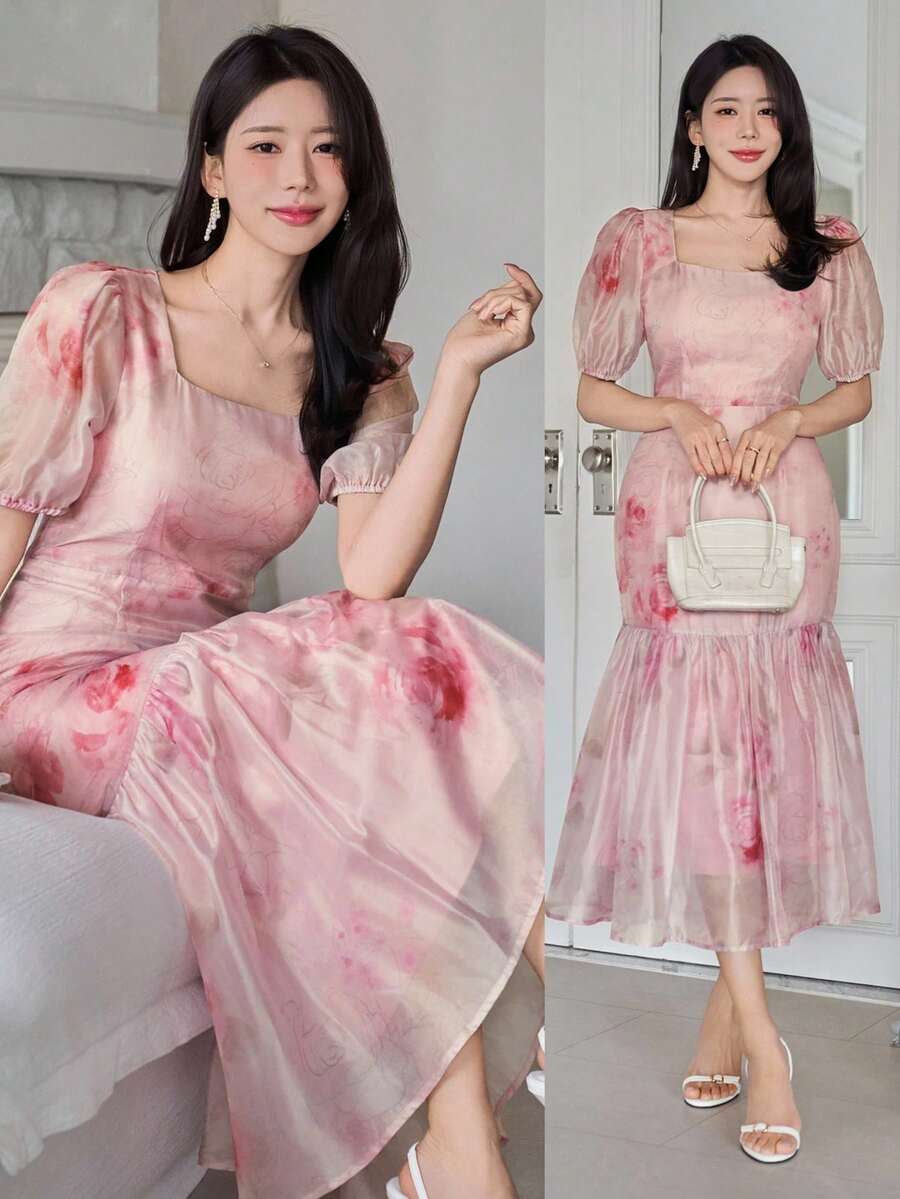DAZY Women's Elegant Floral Print Square Neck Puff Sleeve Fishtail Midi Dress, Summer Wedding Guest Dress Sundress - Pink - View 1
