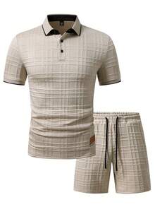 EGENSIO Men's Jacquard Solid Color Textured Ribbed Collar 3-Button Polo Shirt Set - Apricot - View 4