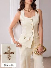 Modelyn Conjunto de traje casual de mujer con chaleco sin mangas con hebilla de metal minimalista y pantalones acampanados - Albaricoque - Ver 7