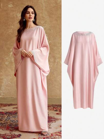 ZEYLAH Women's Solid Color Boat Neck Batwing Sleeve Rhinestone Embellished Elegant Arabic Style Dress