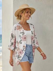 EMERY ROSE Floral Print Batwing Sleeve Kimono Without Camisole Summer - Multicolor - View 4