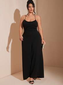 SHEIN BAE 加大码黑色吊带露背连体裤 - 黑色 - 查看 3