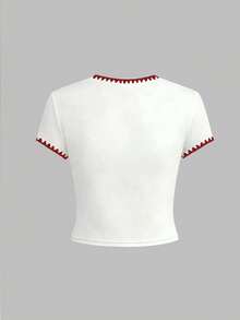 Áo thun nữ tuổi teen mùa hè mới, kiểu dáng tối giản ngọt ngào, in hình nơ và quả anh đào, trang trí cổ áo thêu, tay ngắn, dáng rộng, dễ thương, đa năng, phù hợp cho mùa xuân và hè. - trắng - Xem 2