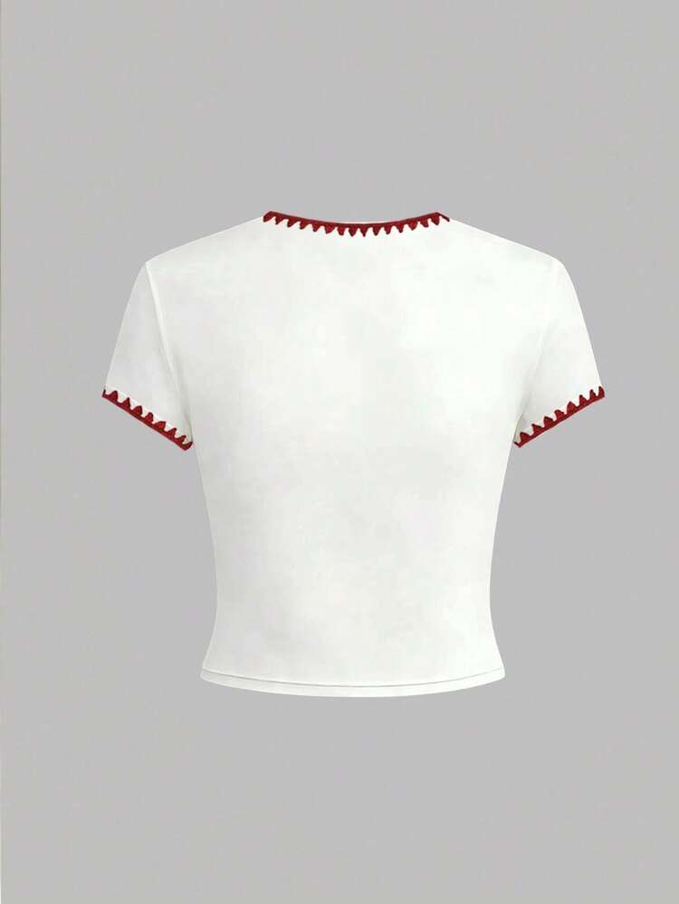 1 pieza Blusa de verano nueva y dulce para adolescentes con estampado minimalista de lazo y cereza, decorada con cuello bordado, manga corta, estilo casual y holgado, look versátil y lindo, adecuado para primavera y verano - Blanco - Añade 2