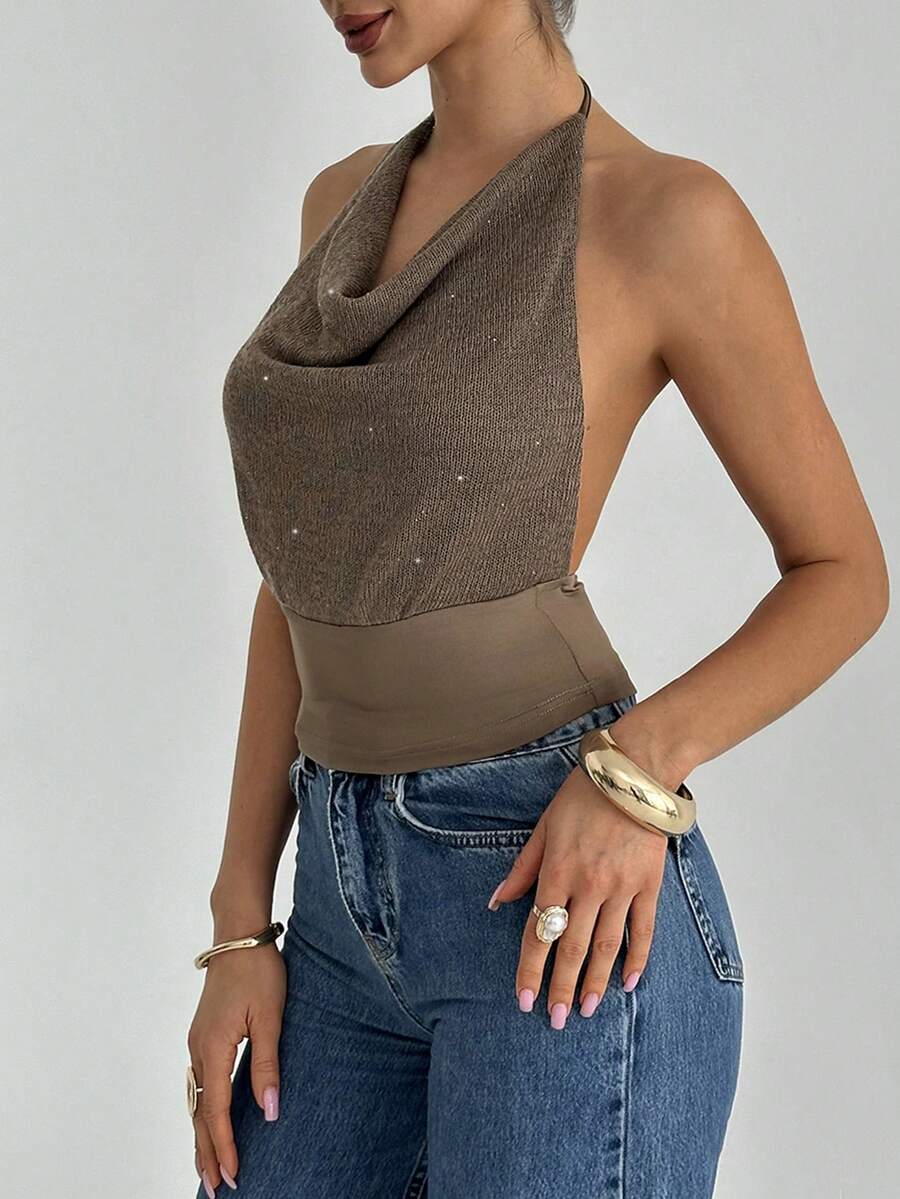 Firerie Women's New Mocha Brown Draped Neck Backless Beach Vacation Top Sparkly Top Date Night