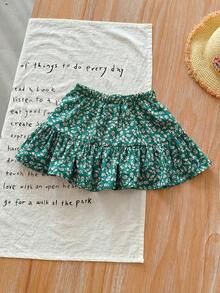 SHEIN LMoss Kids Váy ngắn cạp chun họa tiết hoa dễ thương cho bé gái, thích hợp cho mùa hè. - màu xanh lá - Xem 2