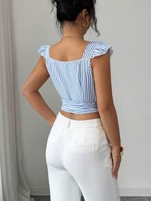 Elenzga Elegant Summer Shirt With Woven Stripes For Women Seksi Chic - Blue and White - View 2