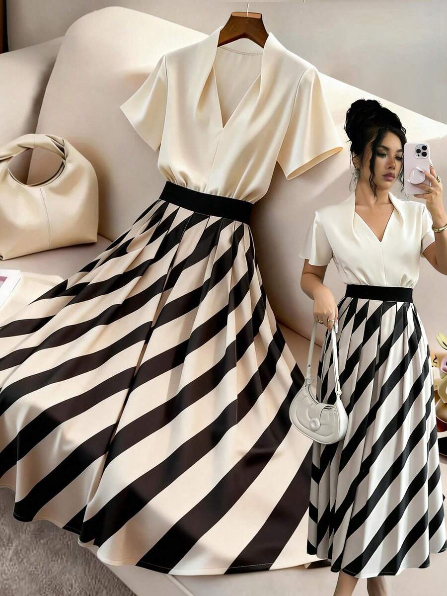 GlowEve Rochie de damă cu dungi, model patchwork, linie A, talie flatantă, elegantă, de zi cu zi, pentru vacanță, naveta, la modă, întâlnire, stil francez, stradă, retro, versatilă, cu mânecă scurtă, culoare caisă și dungi, patchwork, nouă, lungime medie - Multicolor - Vizualizare 1
