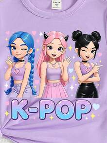 春夏少女休闲时尚创意个性清新简约酷炫虚拟女团角色星星爱心标语印花休闲基础款紫色短款T恤，舒适日常穿着，适合春、夏、秋季穿着。 - 米色 - 查看 7