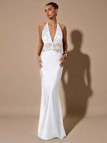 SHEIN BAE 秋冬季纯黑色性感深V领露背蕾丝镂空拼接鱼尾缎面长裙，适合鸡尾酒会、浪漫约会、派对、正式聚会、伴娘礼服、晚礼服、圣诞节、新年、情人节、下午茶会、小黑裙等场合。 - 白色 - 查看 5