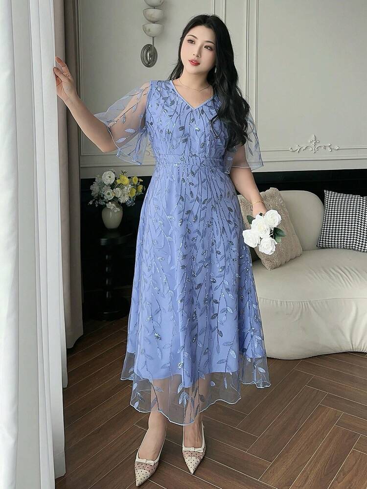 Dazy Plus Plus Size Women's Sequin Floral Ruffle Sleeve Elegant Dress Maxi Dress Sundress Summer