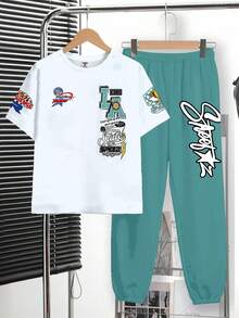 SHEIN 2pcs Tween Boy Casual Y2K Graffiti Letter Print Short Sleeve T-Shirt And Pants Set, Suitable For Spring/Summer - White - View 2