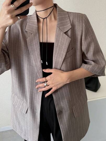 FRIFUL Women's Revere Collar Short Sleeve Striped Loose Blazer
