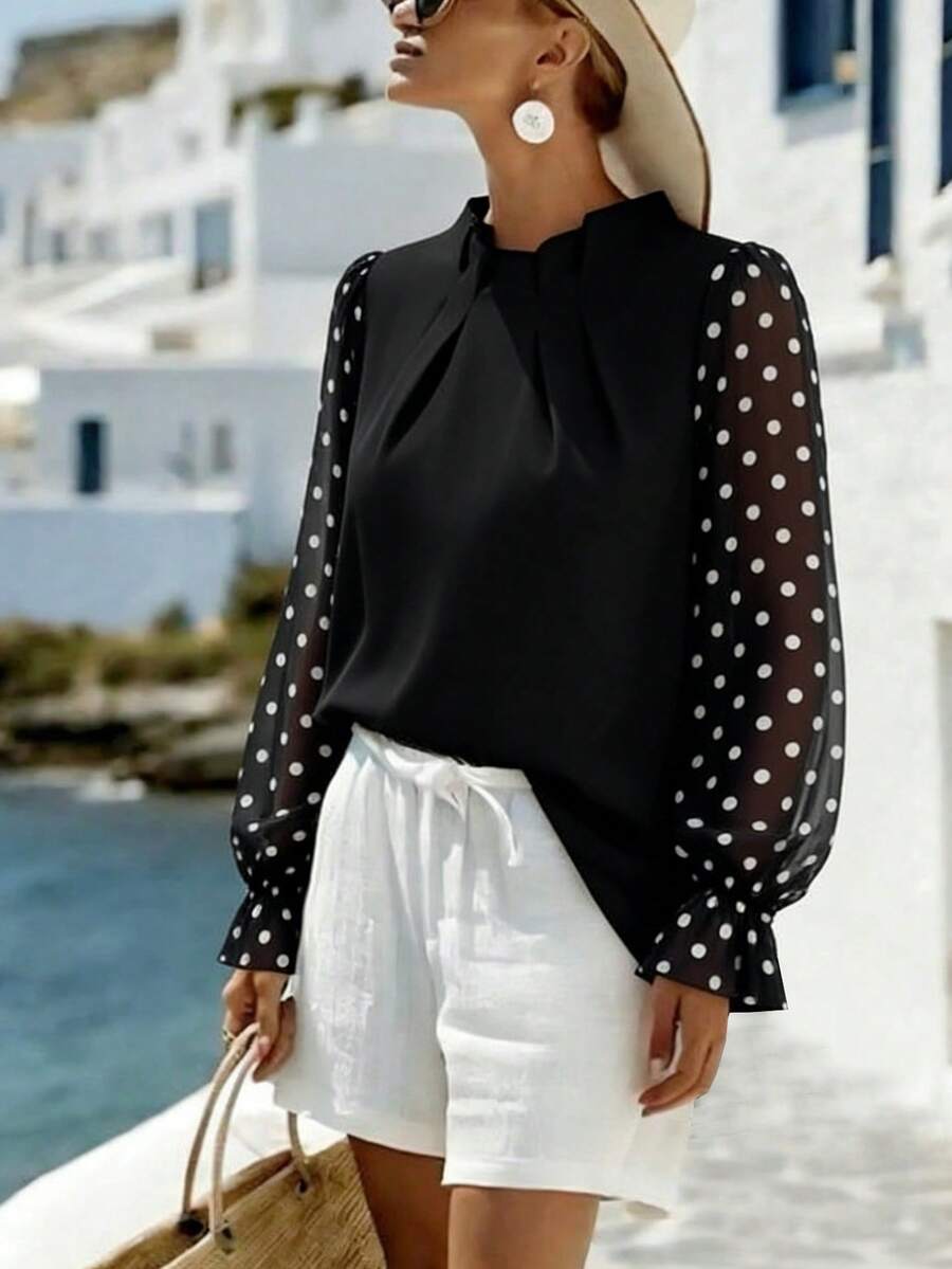 EMERY ROSE 大码女式纯色立领褶皱雪纺波点泡泡袖荷叶边下摆复古优雅休闲衬衫，春夏新款 - 黑色 - 查看 1