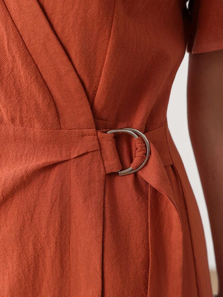 Women's Solid Color Overlapping V-Neck Short Petal Sleeve Casual Commuter Mid-Length Dress,Vacation Dresses,Summer Holiday Outfits Orange Long Dress,Summer Outfits For Women