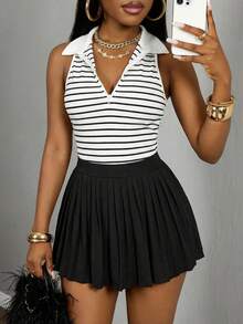 Slaydiva Women's Black And White Striped Two-Piece Set Summer Casual School Back-To-School Outfit,Polo Collar Zipper Vest & Pleated Mini Skirt Y2K Style - Multicolor - View 7
