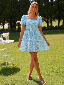 KARISMINA Đầm ngắn nữ thời trang, thanh lịch, lãng mạn in hoa, kiểu dáng đi nghỉ mát, màu xanh dương và trắng. - Xanh và trắng - Xem 5