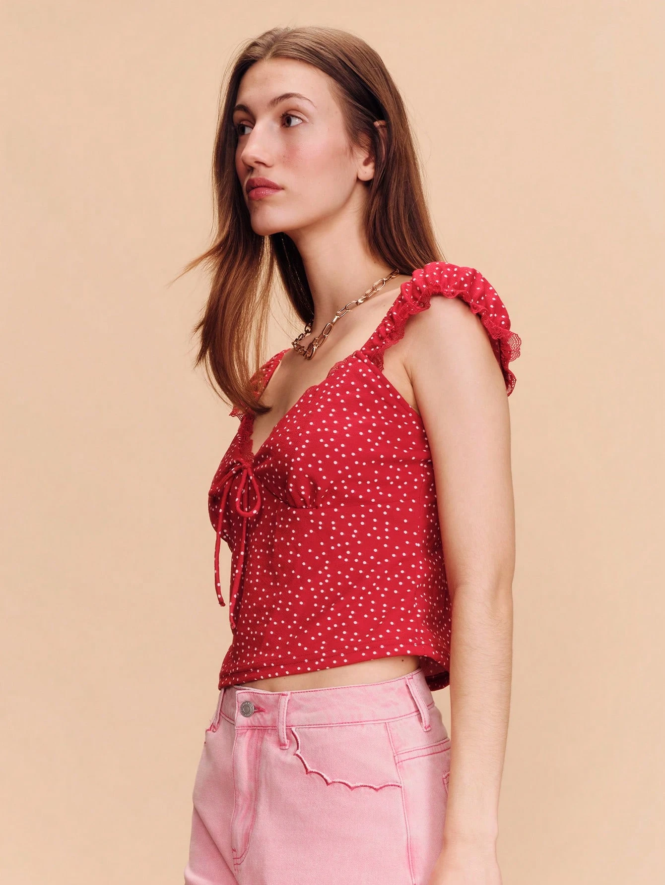 Red Polka-Dot Knit Crop Top With A Sweetheart Neckline And Lace Details Cute Spring Summer Vacation Top French Style Parisian Style