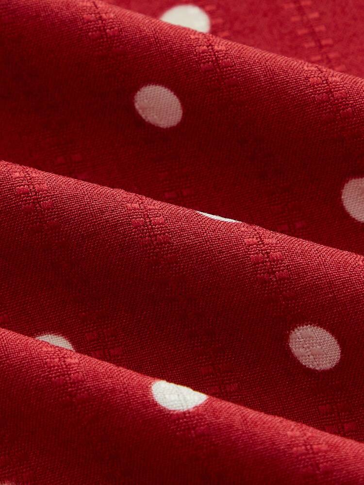 Red Polka-Dot Wrap Top With A Cute And Chic V-Neck Style Business Casual Top Polkadot Top Cute Summer Top Spring Summer French Style Parisian Style Women's Tops And Blouses Work Outfits Women Women Tops Women Casual Outfits Women's Summer Outfits Polka Dot Top