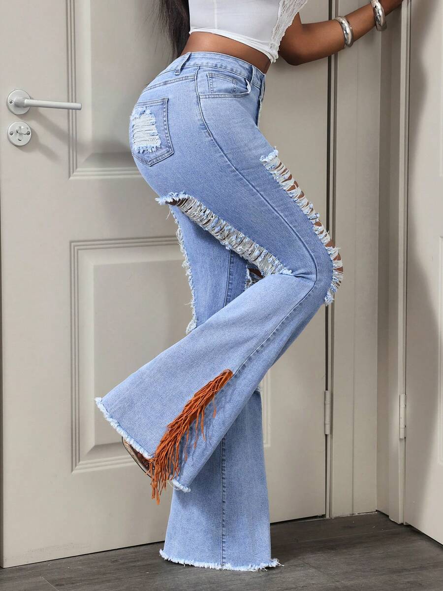 Slaydiva Women's Pocket Distressed Frayed Hem Flare Leg Jeans - Light Wash - View 1
