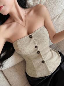 DAZY 女士优雅通勤款前扣吊带背心，夏季 - 卡其色 - 查看 4