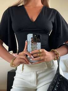 SHEIN EZwear Summer Elegant Women's Blouses  Women's Black V-Neck Ruffle Hem Fitted T-Shirt, Fashionable & Minimalist - Black - View 5