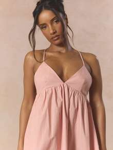 MUSERA Strappy Triangle Bust Plunge Baby Doll Mini Dress Cute Spring Holiday Girly Sugar Salt - Coral Pink - View 2