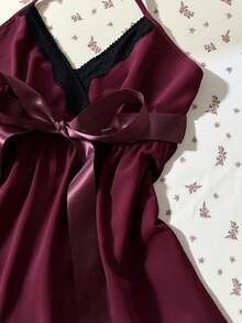 Elamini Women's Deep V-Neck Lace Splice Spaghetti Strap Tie Waist A-Line Loose Romantic Date Mini Dress, Sexy European Style, Summer - Burgundy - View 5