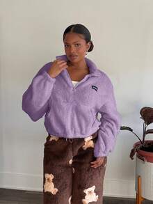 Tyla Gomez Half-Zipper Pocket Teddy Sweatshirt With Drawstring,Long Sleeve In Fall/Winter - Lilac Purple - View 3