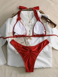 Swim Chiccia 女士两件套浪漫复古性感优雅沙滩/约会套装，采用粗肩带、褶皱设计、大地色系，女士比基尼泳装度假套装，女士比基尼沙滩套装，红色比基尼套装，女士泳衣套装，编织比基尼上衣，女士比基尼套装，女士沙滩套装，女士度假套装，女士带罩衫比基尼，女士沙滩套装，女士比基尼套装 - 紅色 - 查看 2