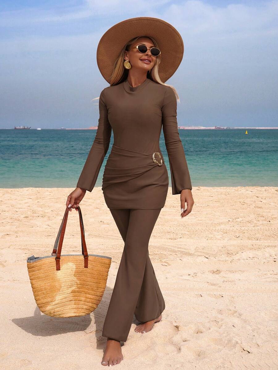 Swim Mulvari Fashionable Mature Solid Color Metal Accessory Flare Sleeve & Flare Leg Two Pieces Swimsuit For Women, Summer - Brown - View 1