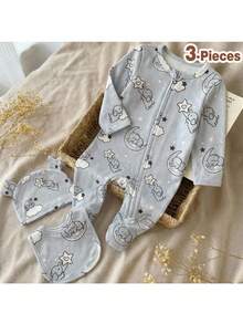 Loomiva 新生女宝宝三件套：卡通大象印花针织柔软圆领长袖连体衣和帽子 - 彩色 - 查看 2