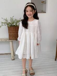 Dazy Kids Đầm suông tay cánh hoa màu trơn kiểu dáng thường ngày cho bé gái, thích hợp cho kỳ nghỉ hè/thu/xuân. - trắng - Xem 5