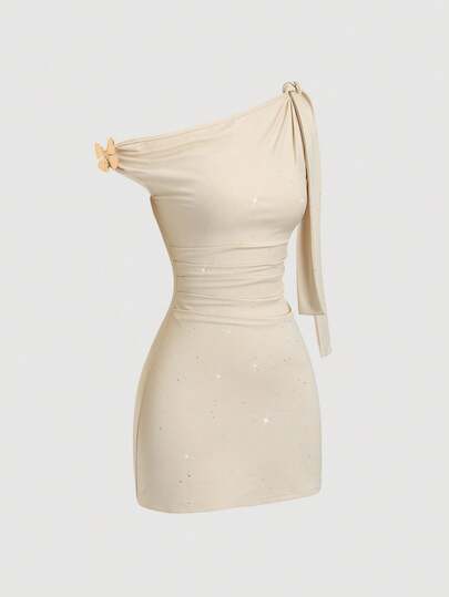 Sweetra 女士纯色褶皱扭肩褶裥连衣裙，春夏款