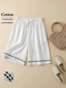 Rusticease Women's Drawstring Waist Embroidery Design Loose Pocket Shorts - White - View 1