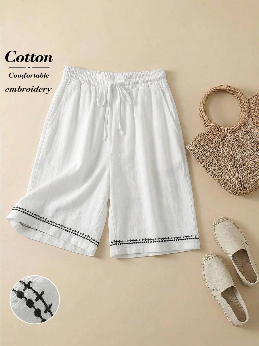 Rusticease Women's Drawstring Waist Embroidery Design Loose Pocket Shorts - White - View 1