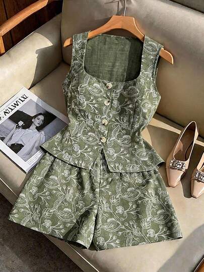 Franclia Plus Size Women's Retro Cashew Flower Linen-Look Embroidered Sleeveless Top And Shorts 2 Pieces Set